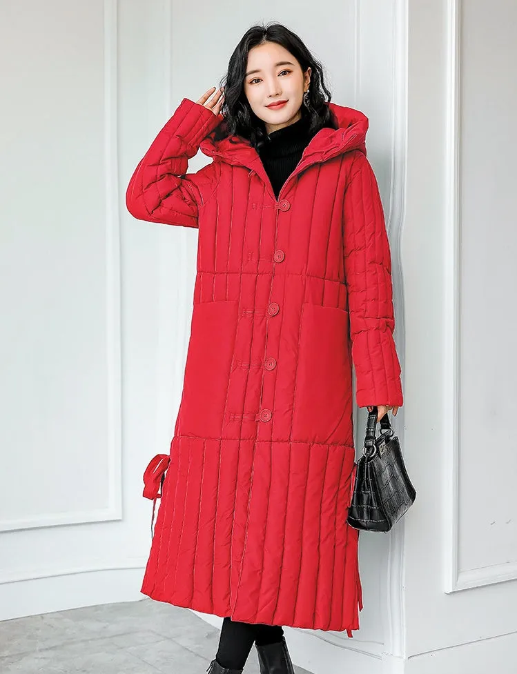 Women's Padded Solid Puffer Coat with Calf-Length and Button Front