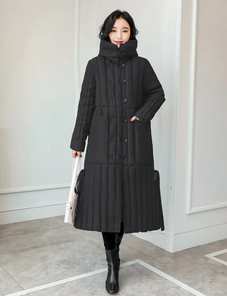 Women's Padded Solid Puffer Coat with Calf-Length and Button Front