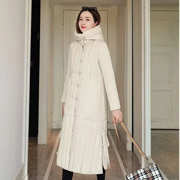 Women's Padded Solid Puffer Coat with Calf-Length and Button Front