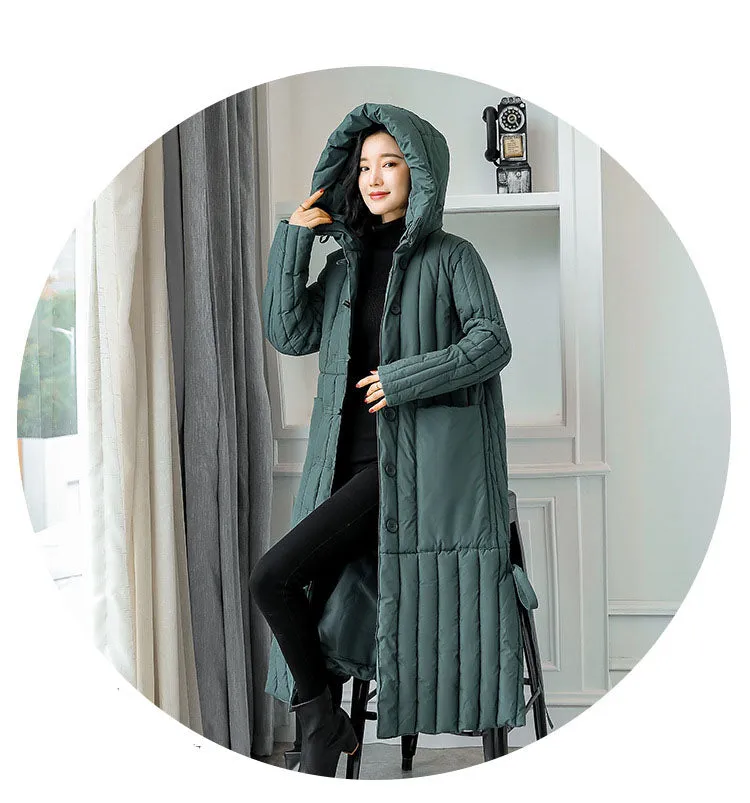 Women's Padded Solid Puffer Coat with Calf-Length and Button Front