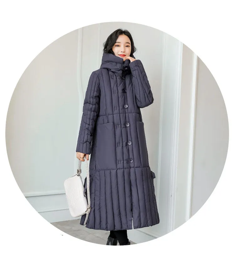 Women's Padded Solid Puffer Coat with Calf-Length and Button Front