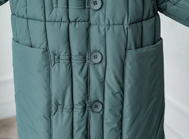 Women's Padded Solid Puffer Coat with Calf-Length and Button Front