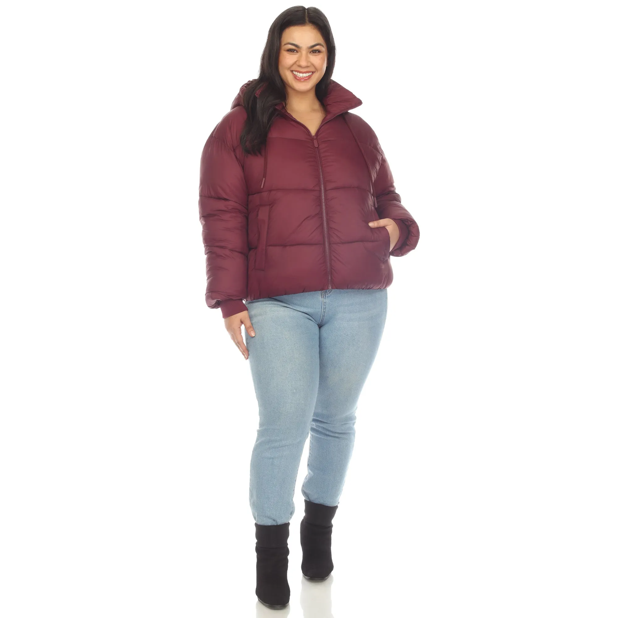Women's Plus Size Full Front Zip Hooded Bomber Puffer Coat