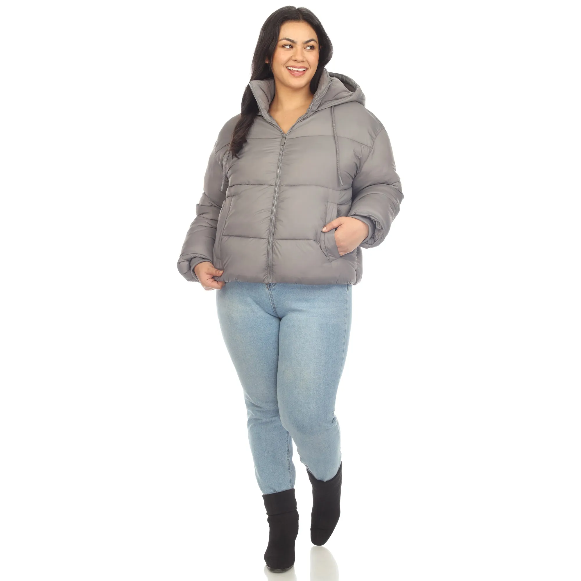 Women's Plus Size Full Front Zip Hooded Bomber Puffer Coat