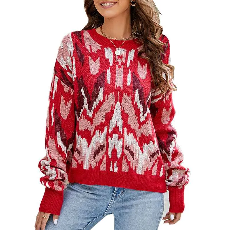 Women's Pullover Sweaters Long Sleeve Print Knitted Crew Neck Sweater Tops K643