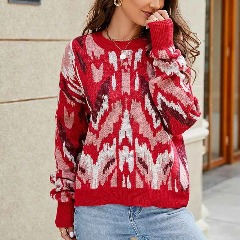 Women's Pullover Sweaters Long Sleeve Print Knitted Crew Neck Sweater Tops K643