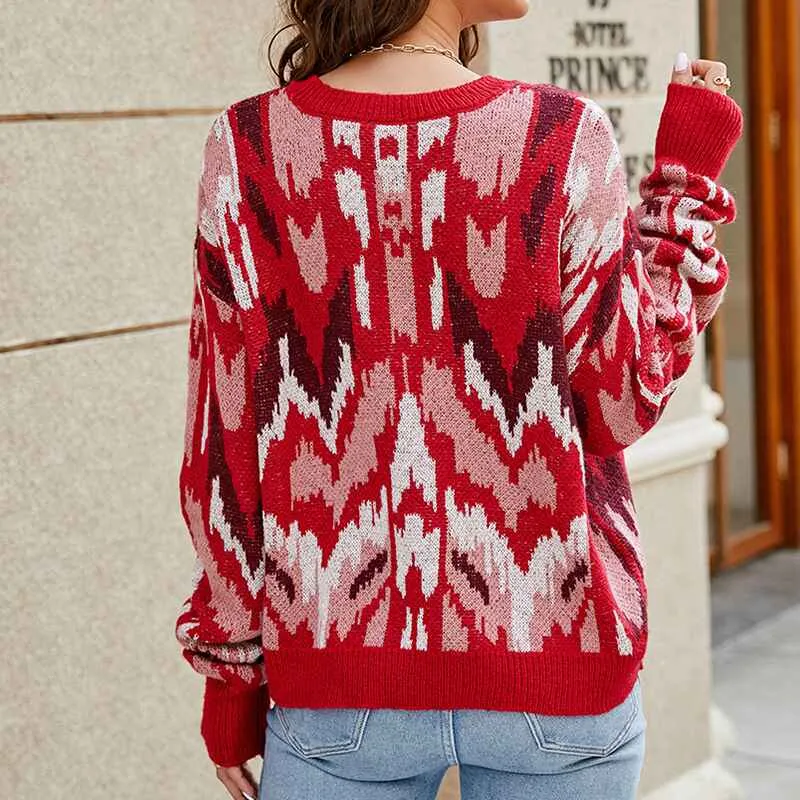 Women's Pullover Sweaters Long Sleeve Print Knitted Crew Neck Sweater Tops K643