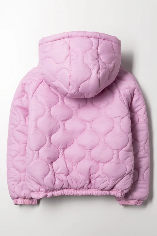 Zip Through Hooded Puffer Jacket Pink